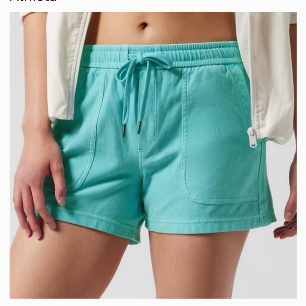 Athleta sz XS Farallon turquoise cinch tie waist 4" inseam Cotton stretch shorts